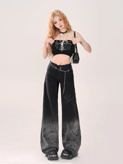 with Gyaru Print Bow Bunny Cute Tube Front Black Top: Tie Crop