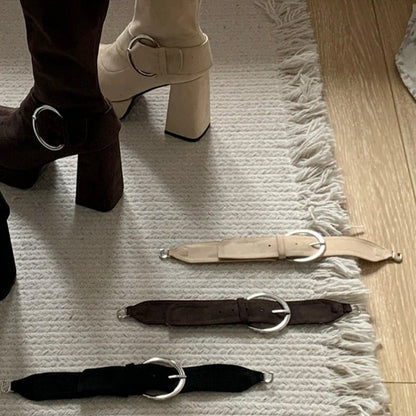 Polished - Toe Square Buckles Boots Black Zipper Inner Decorative with Knee-Length Platform