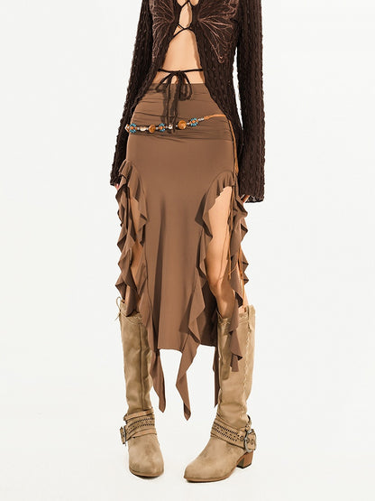 Knit Dress/Skirt Slit 2-in-1 Cascading Brown Side Convertible Ruffle Strapless with Hem