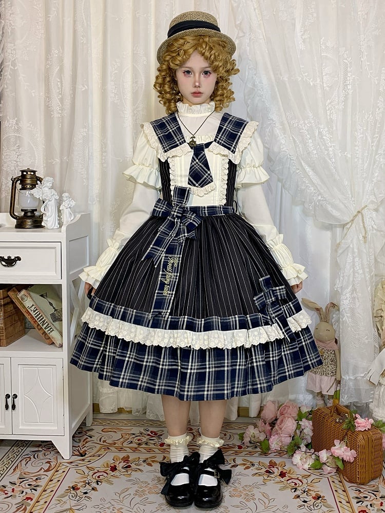 Robe à carreaux bleus et rayures noires, col amovible et jupe pull Lolita à nouer