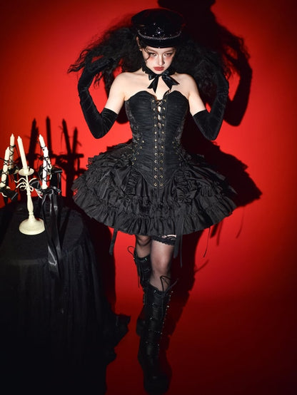 Lolita Drawstring Hem Skirt Gothic Black Kuro Ruffle