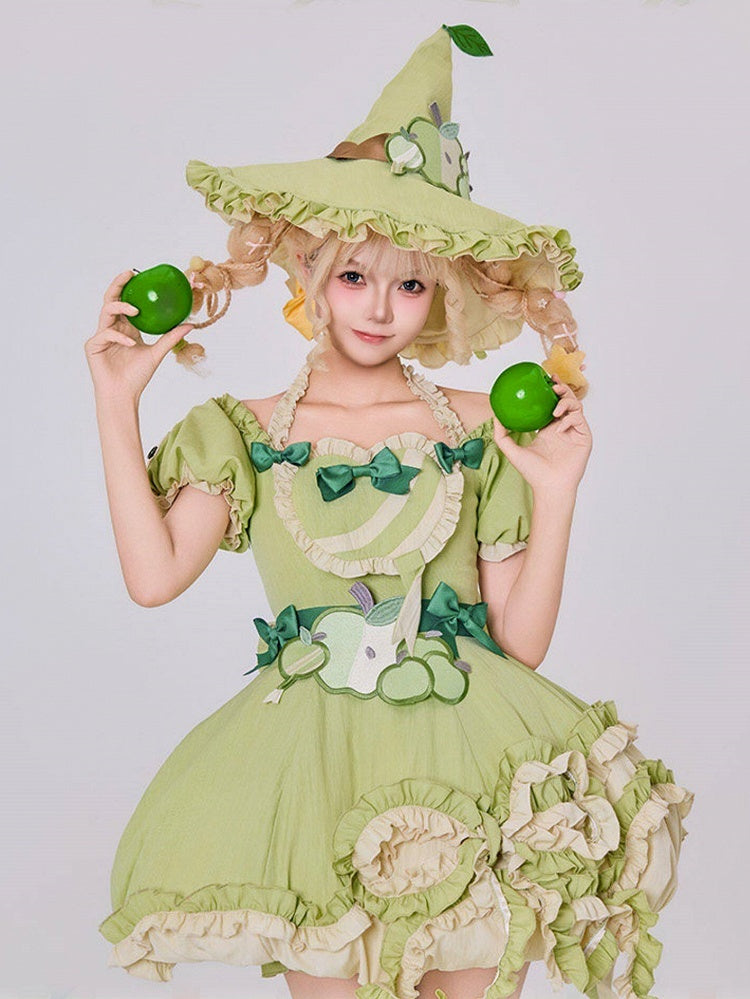 Green Ruffled Sweet Lolita Fluffy OP Dress Full Set