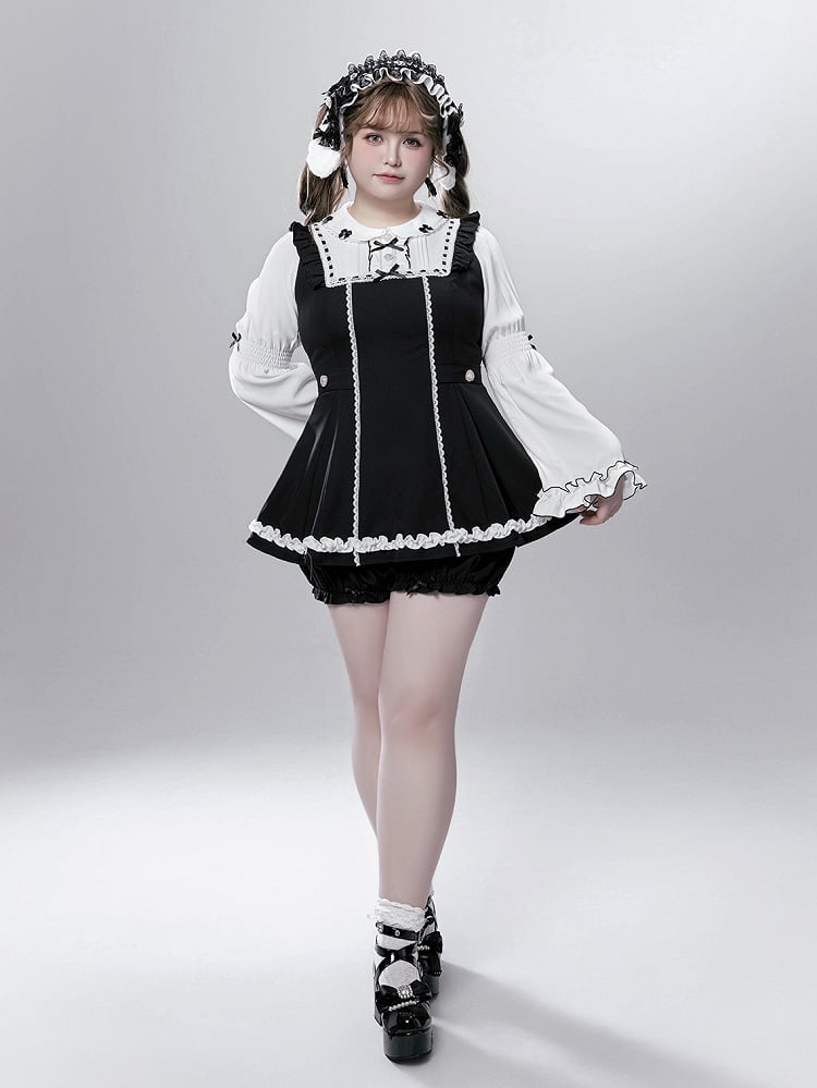 - Baggy Top Jirai Kei Maid-Inspired Black/Pink Three-Piece Set Sleeve