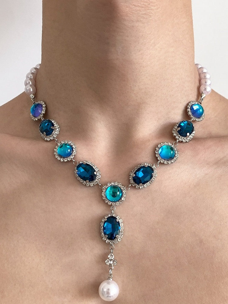 Vintage Blue Rhinestone Necklace Adorned with Pearls - YSHXS