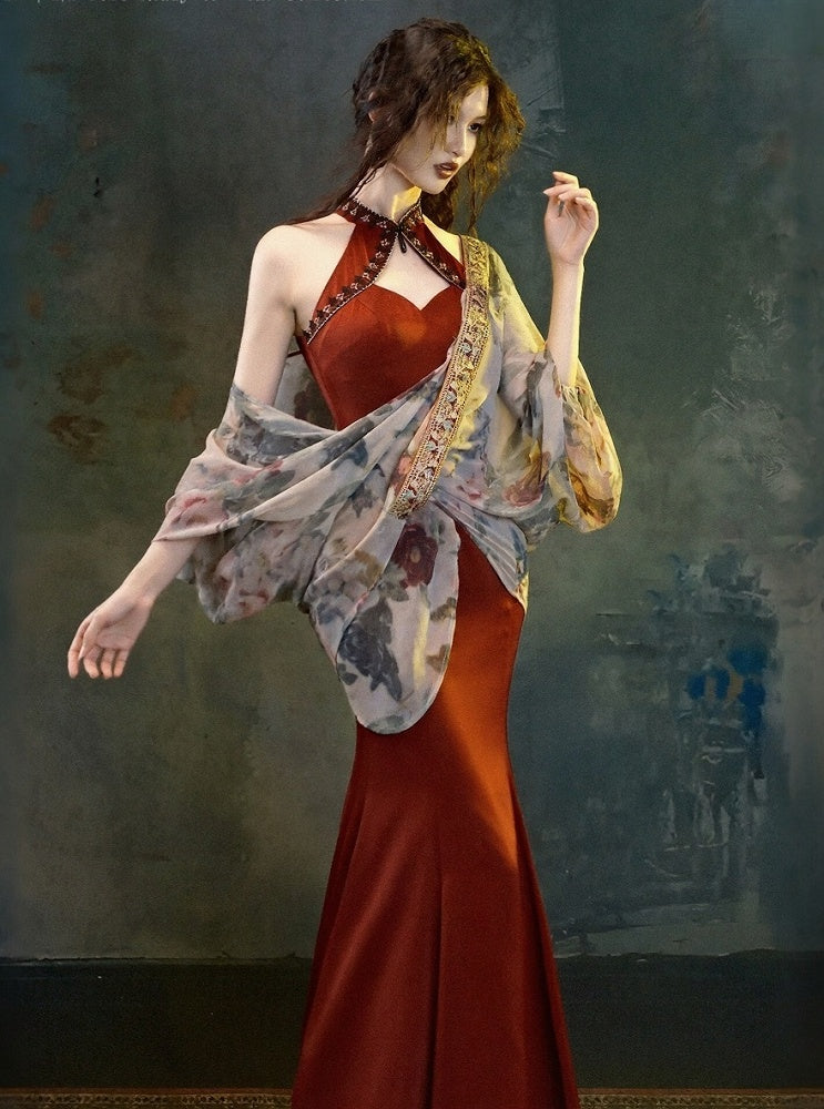 Wine Red Qipao Long Dress with Detachable Shoulder Pads - sijinstudio
