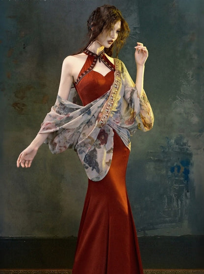 Wine Red Qipao Long Dress with Detachable Shoulder Pads - sijinstudio