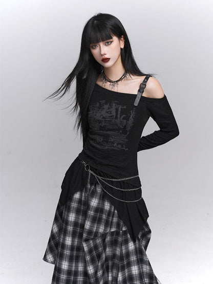 Black  Gothic Asymmetrical with Graffiti Top Neck Print