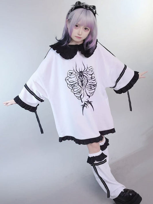 Mit Nieten WeißSchwarz Insekten Kei Rüschen Jirai T-Shirt Kragen Verziert Peter Pan Print Stulpen Trim Bein