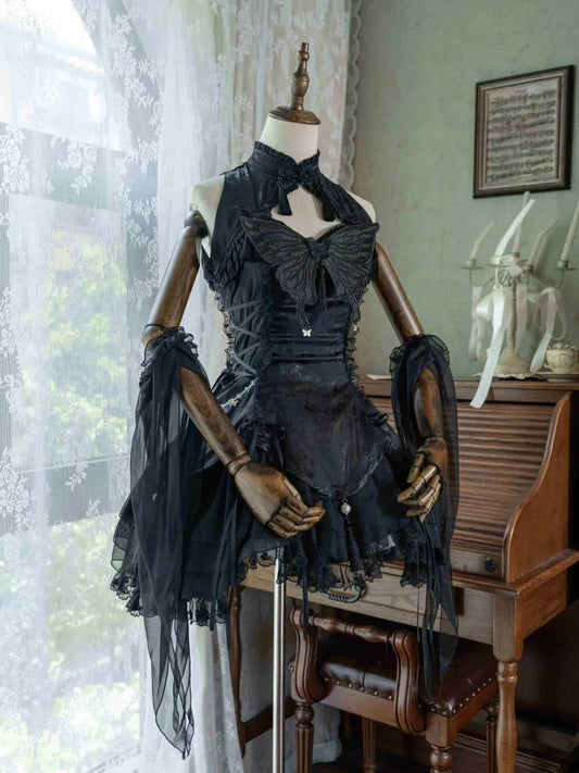 袖付き黒蝶チーテーマロリータカラーバンド付きチーパオドレス