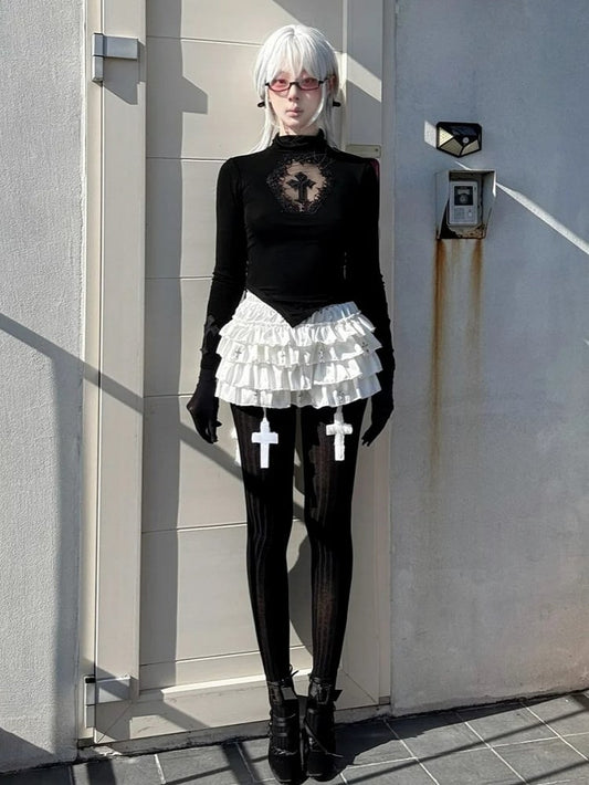 Gothic Black Coffin Cutout Cross Detail Modal High Neck Top Asymmetrical Hem