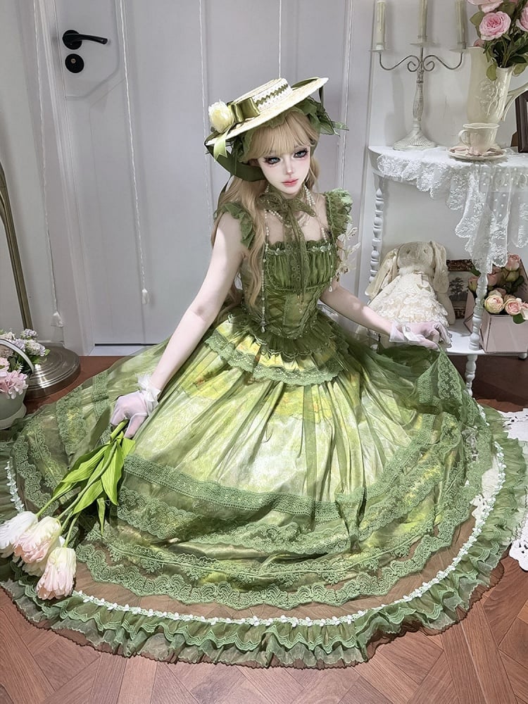 Top Baskenmuster Taillenstäbchen + Rock Ölgemälde Lolita Classic Overlay Grün