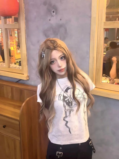 ライトグレー Y2K グラフィック Tシャツ