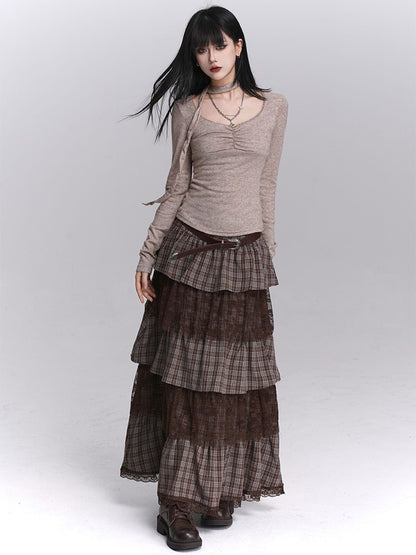 Seitliche Spitzenrockschichten mit Reißverschluss, gestuftes Maxi-Kaffee-Plaid