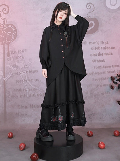 With Skirt Eden-inspired Trim Gothic Black Midi Print Lace
