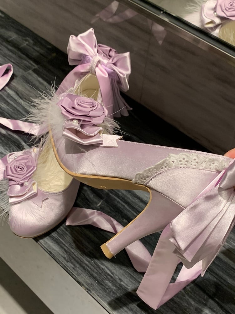 Elegant Rose Theme Bowknot & Bead Accents Lolita Shoes - 9.5cm High Heel - Cheese Mango