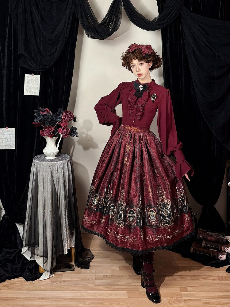 Lolita Print Gothic Candelabras Lace with Trim Red Wings Skirt Bat