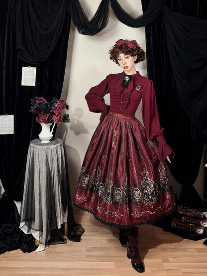 Lolita Print Gothic Candelabras Lace with Trim Red Wings Skirt Bat