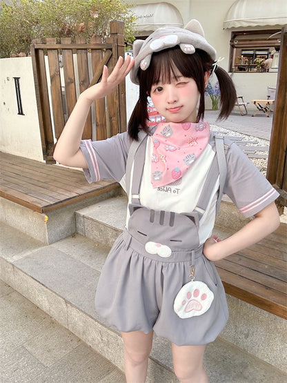 Shorts Bubble Overalls Adorable Kitty Pattern Gray
