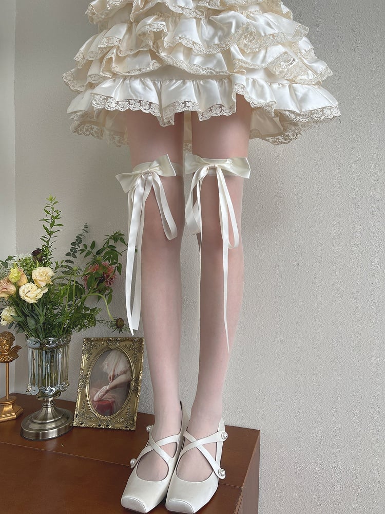 Ribbon Knee Decorated Stockings Bow White/Black Over Sheer Creamy