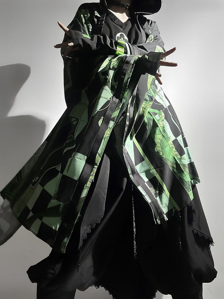 Ohren Riemchenmode Grün Cyberpunk Schnalle Kapuzentop Details Ouji Cat Techwear