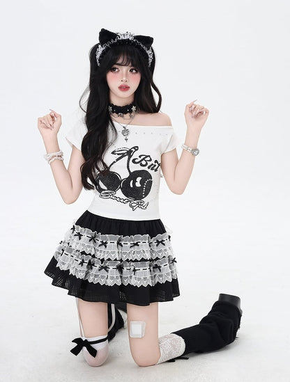 Tiered Skirt Trim Bow Details Black and White Lace