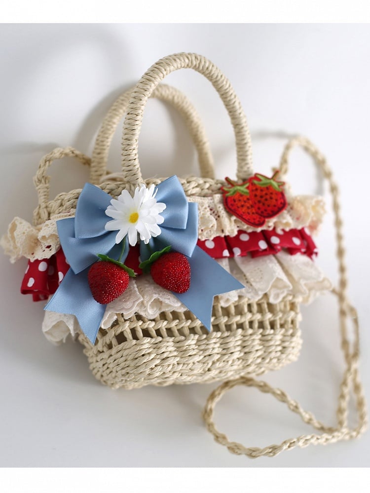 Strawberry Red Crochet Blue Bag Details Crossbody with