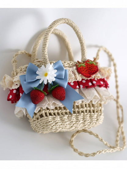 Strawberry Red Crochet Blue Bag Details Crossbody with