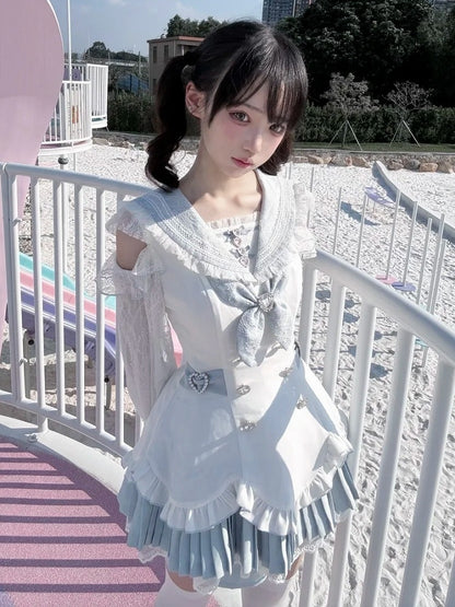 Landmine Style Two-Piece Set in Blue and White with Sailor Collar Cutout Shoulder Pleated Dress and Shorts - Broken Bear