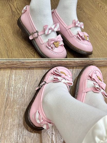 - 2 cm süße, gleichmäßig gestreifte Flats mit rosa Schleife und PU-Lolita-Sohle