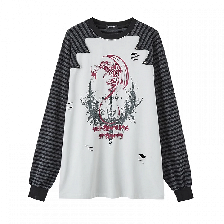 and Colorblock Long Sleeves Striped with Black and Gray Top Punk Print Design