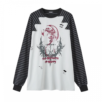 and Colorblock Long Sleeves Striped with Black and Gray Top Punk Print Design