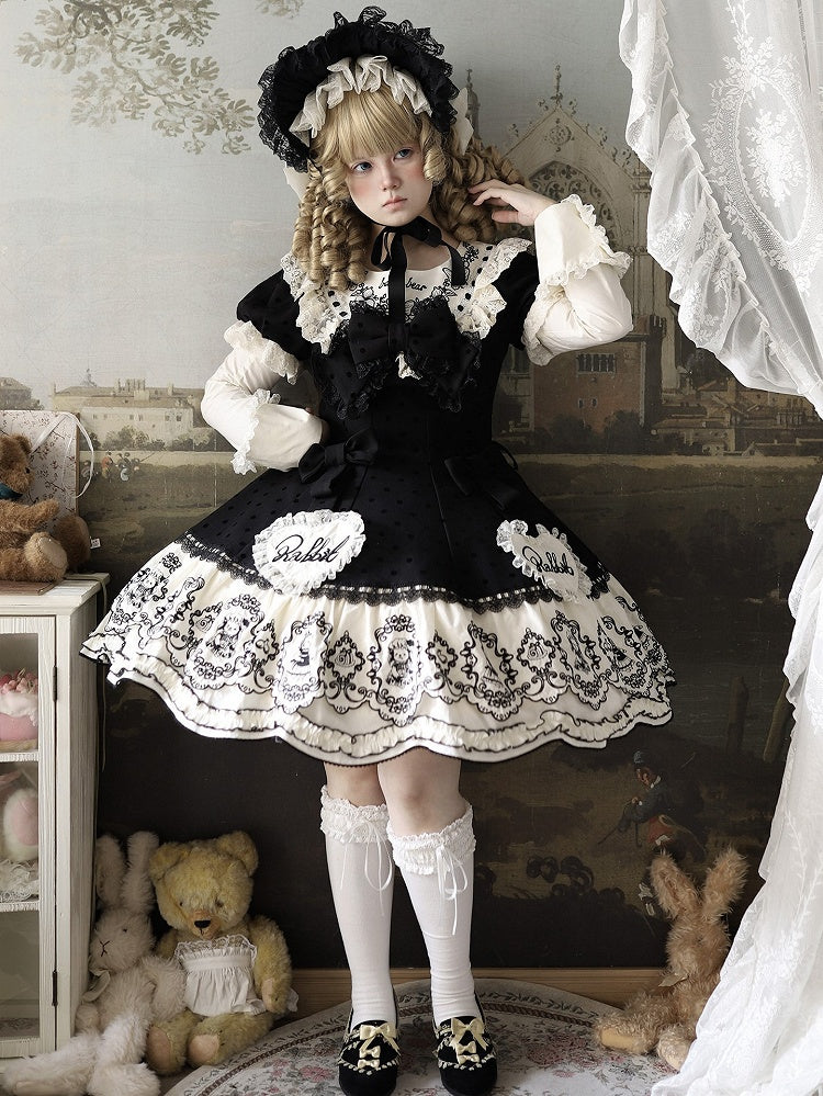 Rabbit Detachable Sleeves Pattern Dot Sweet + Black Polka with Dress Bonnet Sweetheart Set Appliques Lolita