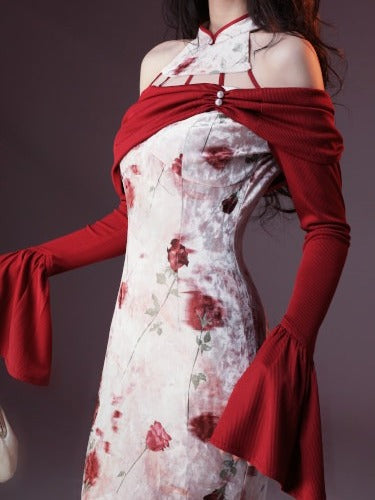 Elegant Long Fish Tail Dress with Rose Print & Cutout Shoulder - sijinstudio