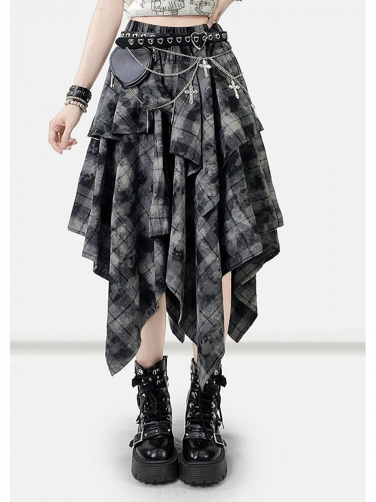 ハンカチ ダークヘム チェック柄スカート ほろ苦いグレー