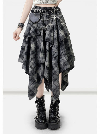 ハンカチ ダークヘム チェック柄スカート ほろ苦いグレー