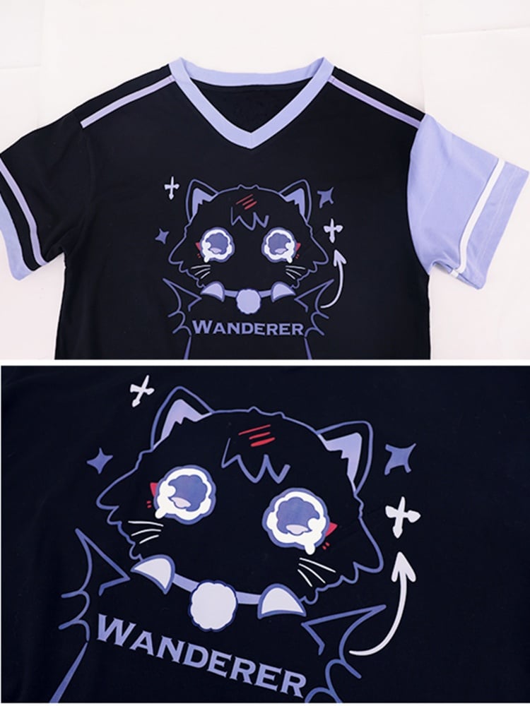ワンダラーファンアート ブラック キュート キティプリント Vネック Tシャツ