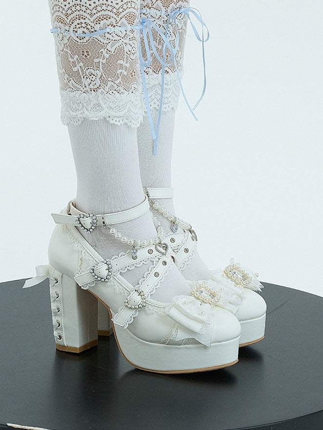 White Platform Mary Jane Shoes with Bow & Rhinestone - Sheep Puff