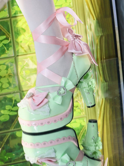 Shoes Heart Decor - High-heel PU Leather Details Bowknot Green