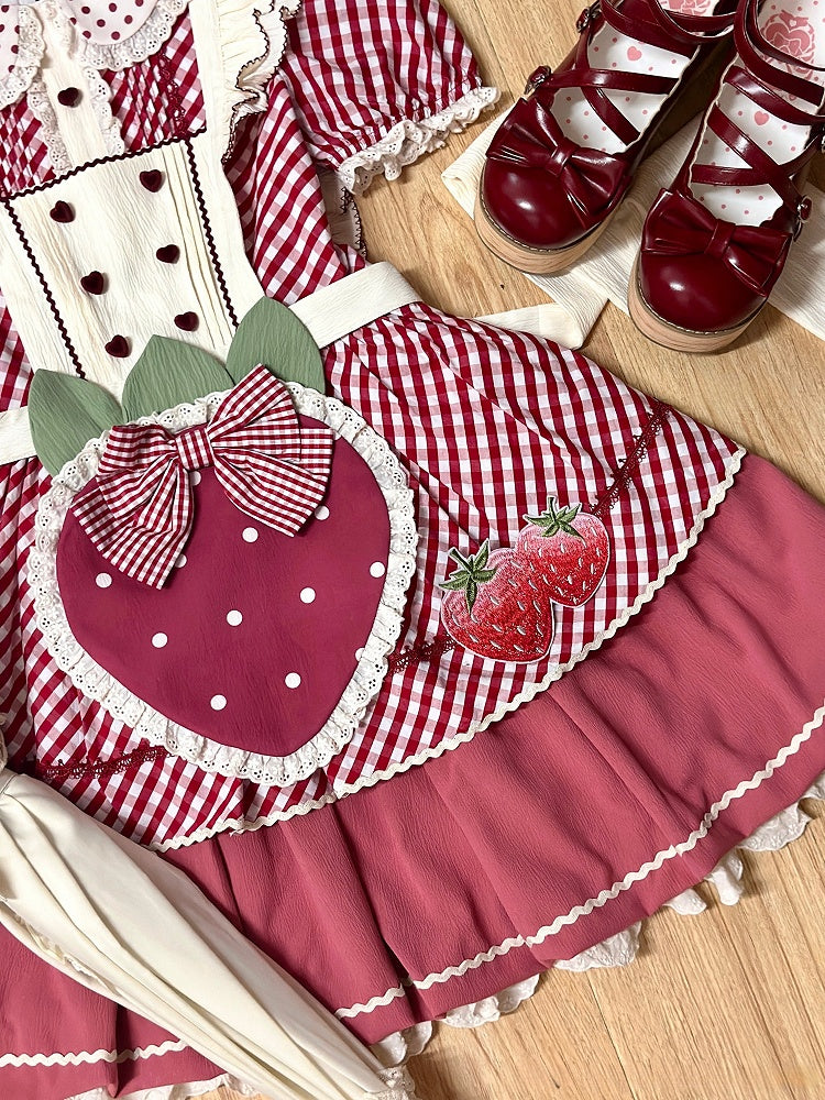 Kleid mit kariertem Lolita-Kragen, Peter-Muster, Erdbeer-Pfanne, süße rosa Schürze