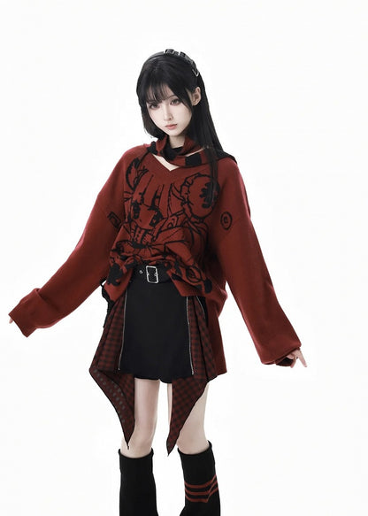 Roter Strickpullover mit V-Ausschnitt und Cartoon-Muster