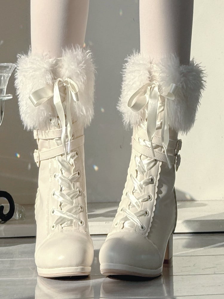with Lolita Heart Dual Plush Buckle Boots White Fastening - Mid-Calf Elegant Cuff PU