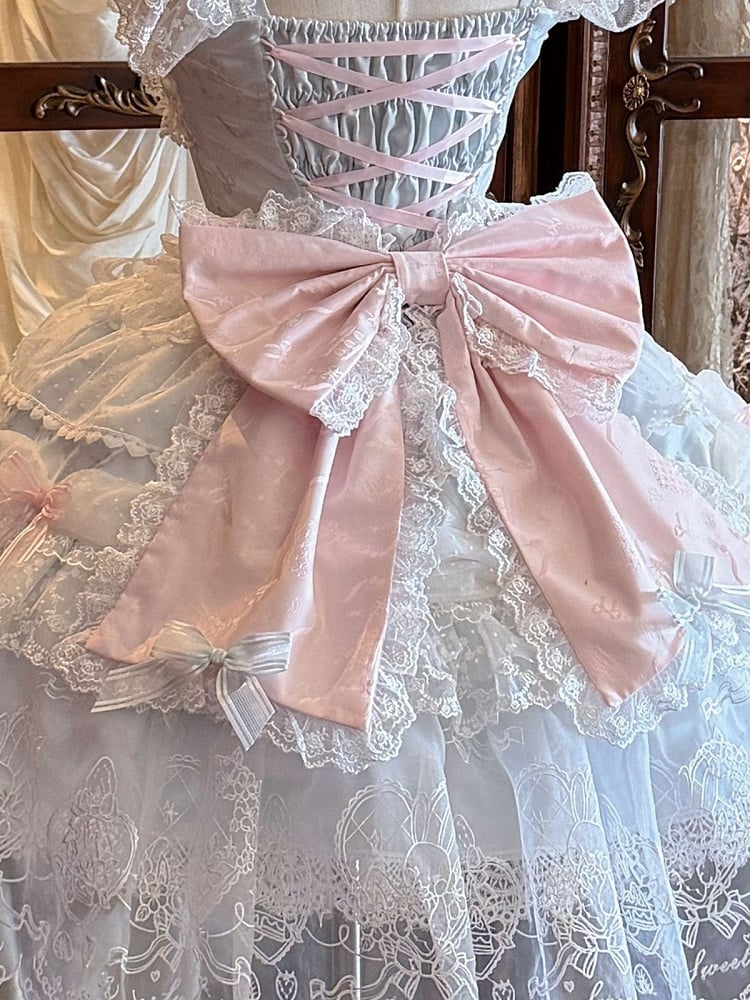 Lace-Trimmed Back Ribbon Bow in Pink and Blue Hues - White Sugar Girl