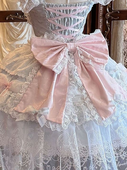 Lace-Trimmed Back Ribbon Bow in Pink and Blue Hues - White Sugar Girl