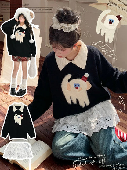 Cute Monkey Pattern Navy Blue Polo Collar Sweater