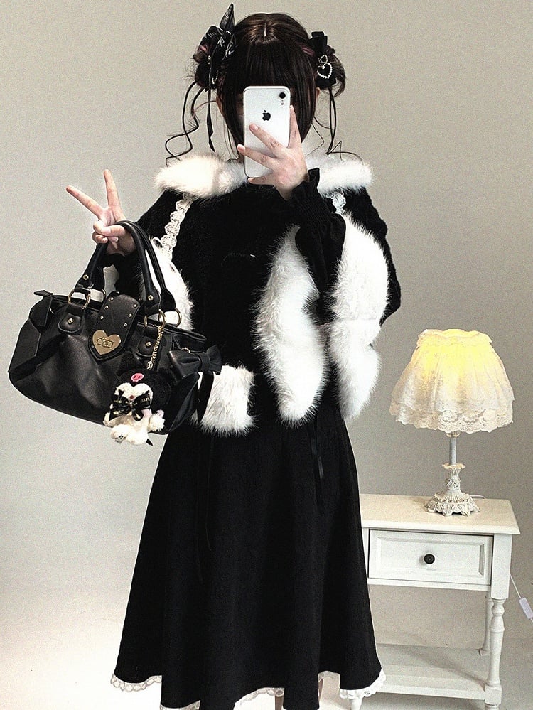 Decor Colors Design Bunny Faux Fur-Trimmed Drawstring Cape Ear with Kei Jirai Bow 3