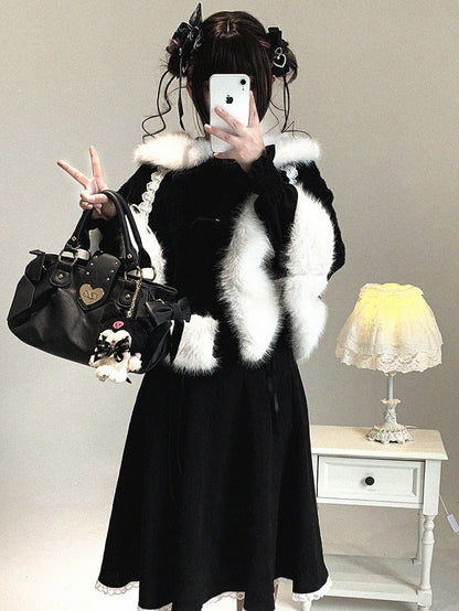 Decor Colors Design Bunny Faux Fur-Trimmed Drawstring Cape Ear with Kei Jirai Bow 3