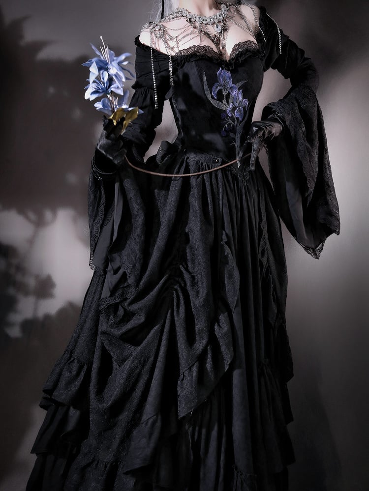 Lolita Black Skirt Dress Drawstring Iris with Gothic Elegant Embroidery
