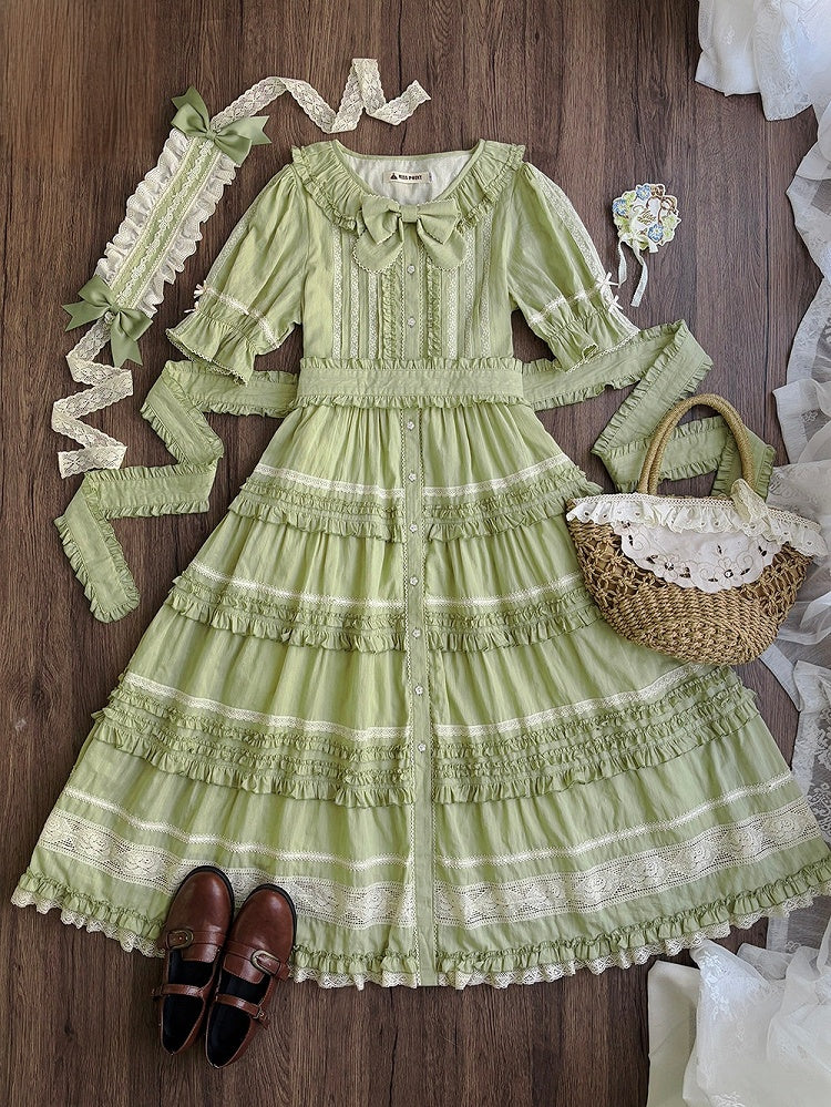 Green Layered Ruffles Elegant Lolita Dress Front Button Placket - Miss Point