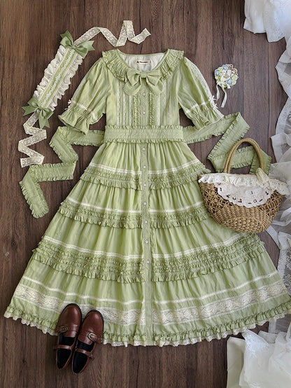 Green Layered Ruffles Elegant Lolita Dress Front Button Placket - Miss Point