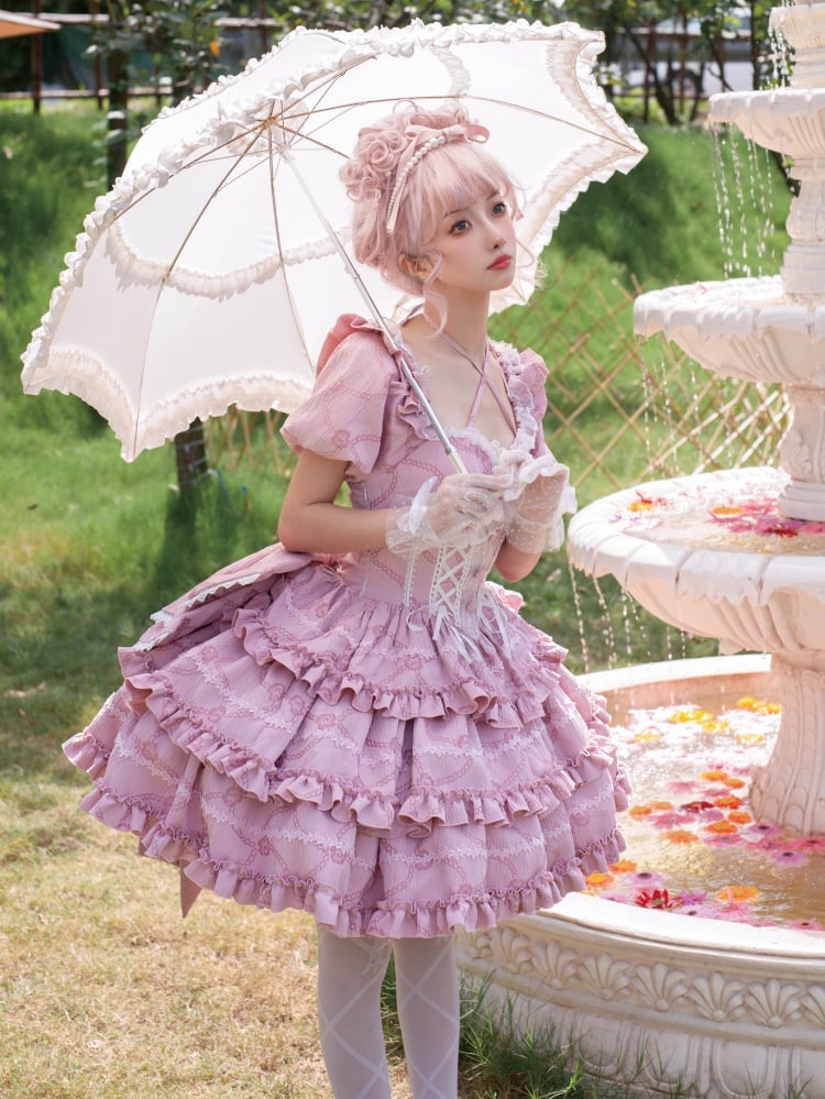 Princess Lolita Corset-Waist Dress with Ruffled Skirt in Pink